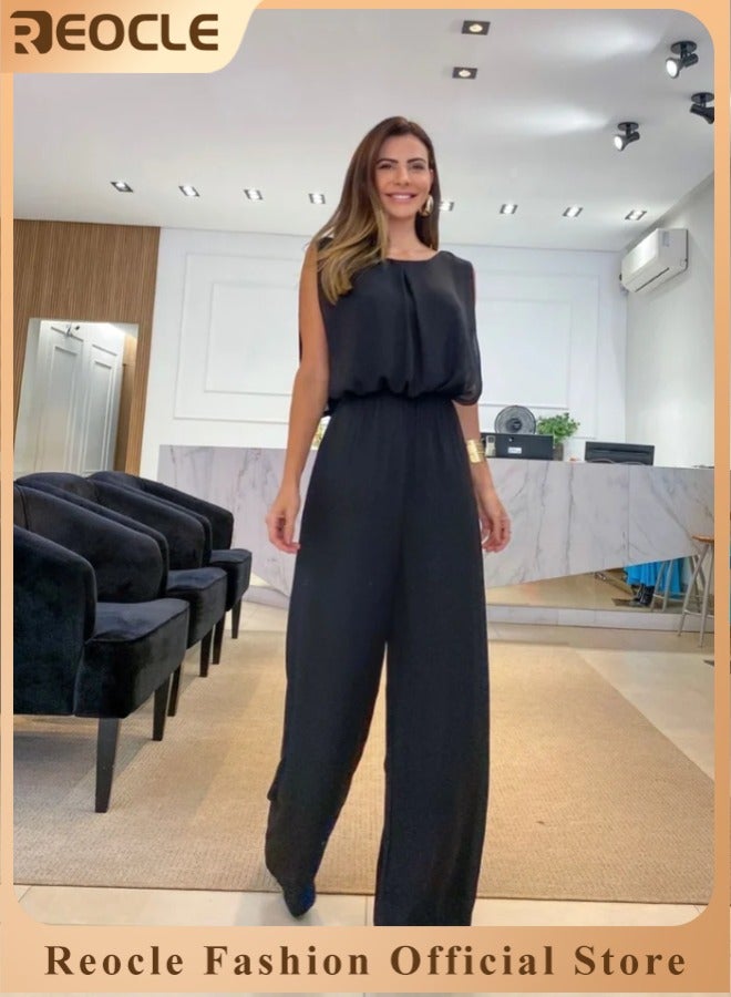 REOCLE Women’s Casual Jumpsuits Loose Fit Solid Color Crewneck Sleeveless Jumpsuit Long Wide Legs Formal Rompers - Image 1