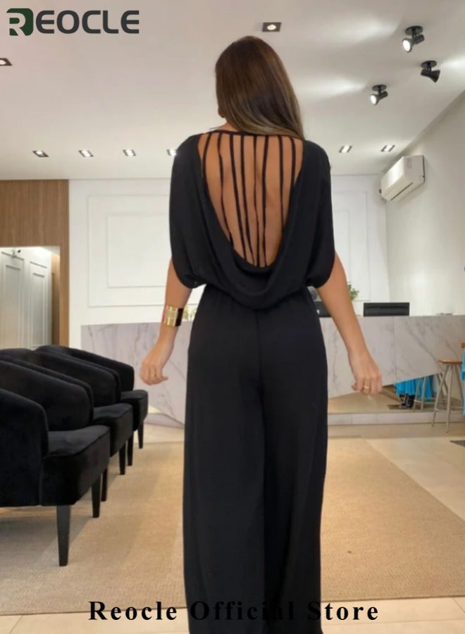 REOCLE Women’s Casual Jumpsuits Loose Fit Solid Color Crewneck Sleeveless Jumpsuit Long Wide Legs Formal Rompers - Image 2