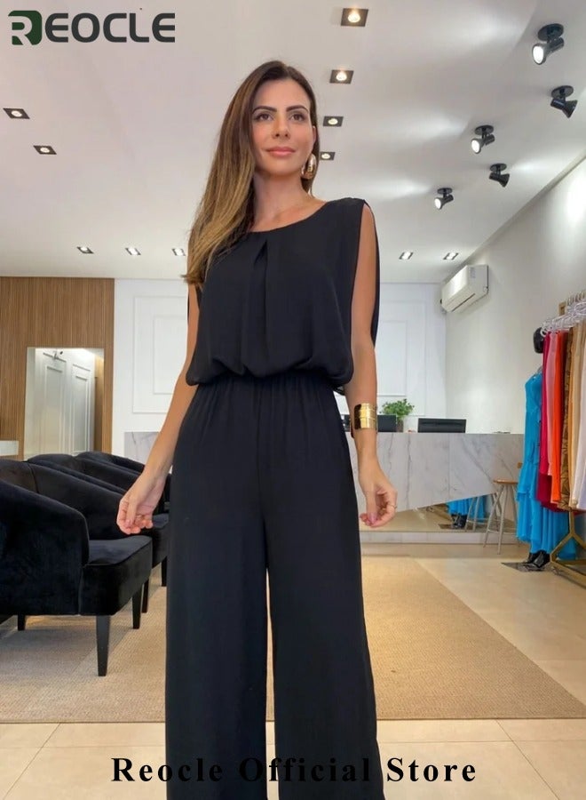 REOCLE Women’s Casual Jumpsuits Loose Fit Solid Color Crewneck Sleeveless Jumpsuit Long Wide Legs Formal Rompers - Image 3