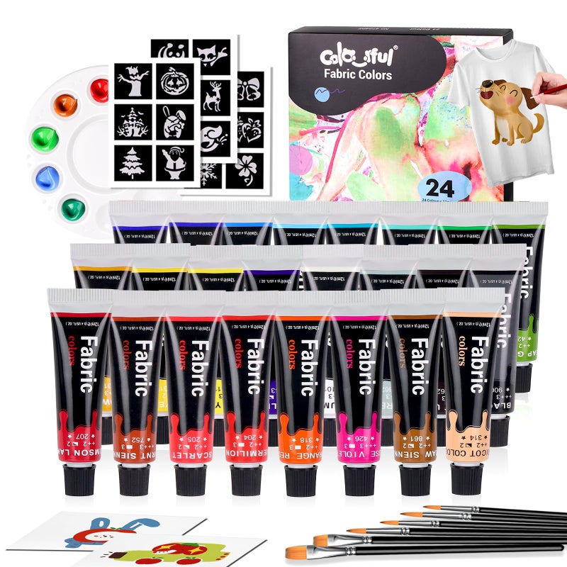 Colorful Fabric Paint Set for Clothes 24 Colors Permanent Textile Paint Kit for Shoes Canvas NonToxic Slick Painting Set for Adults Beginner Artists