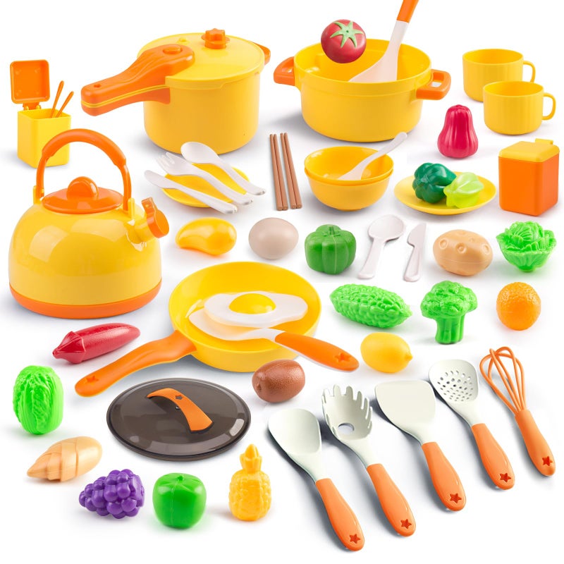 Zero Zoo 60Pcs Kids Mini Play Kitchen Accessories Pretend Cooking Play Set with Cookware Tableware Fruit BBQ Sets Learning Gift for Boys Girls ToddlersYellow - Image 3