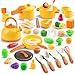 Zero Zoo 60Pcs Kids Mini Play Kitchen Accessories Pretend Cooking Play Set with Cookware Tableware Fruit BBQ Sets Learning Gift for Boys Girls ToddlersYellow - Image 2