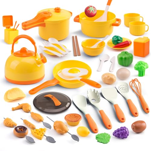 Zero Zoo 60Pcs Kids Mini Play Kitchen Accessories Pretend Cooking Play Set with Cookware Tableware Fruit BBQ Sets Learning Gift for Boys Girls ToddlersYellow - Image 5
