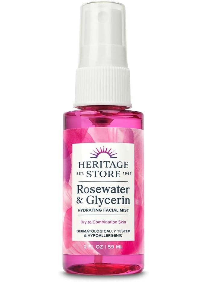HERITAGE STORE Rosewater & Glycerin Hydrating Facial Mist - Dry Combination Skin Care - Rose Water Spray w/Vegetable Glycerine, Made Without Dyes or Alcohol, Hypoallergenic, Vegan, Cruelty Free, 2oz