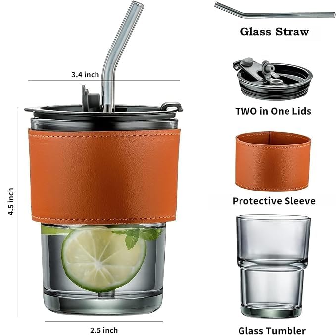 CLICKSWIFT Glass Tumbler Versatile Insulated Travel Cup with Straw Leakproof Lid Protective Sleeve Portable MultiPurpose for Iced Tea Juice Cocktail Cold Hot Beverages Cups1Pcs 435 ML - Image 2