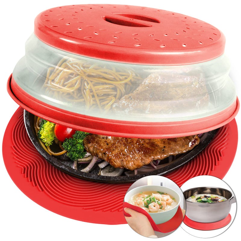 AIDACOM 2 in 1 Aidacom Microwave Mat  Food Cover Mat as Bowl Holder Cover for Splatter Guard Multiuse Silicone Trivet Pot Holders Drying Baking Place Mat Utensils Rest for Kitchen Counter Red 