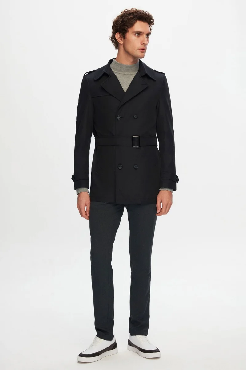 دي أس دامات Ds Damat Regular Fit Black Epaulette Waist Belted Overcoat/Trenckot 1HF08ORT00013