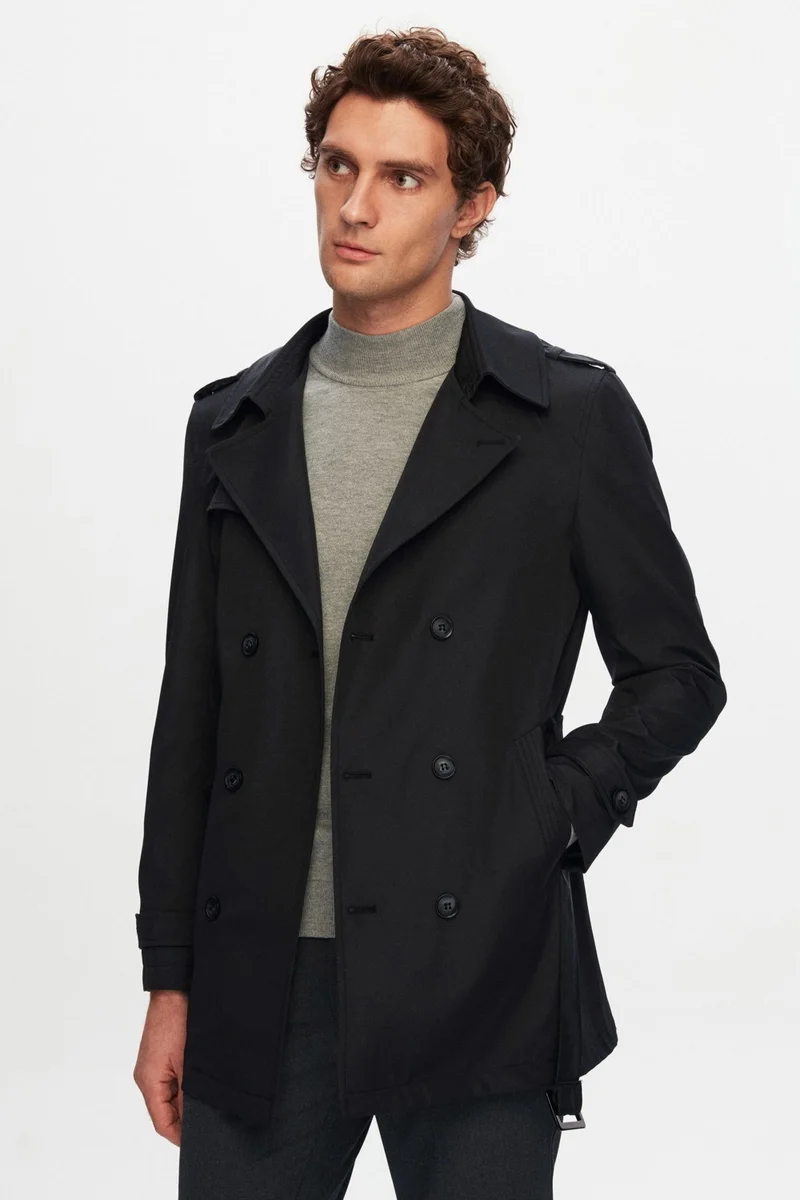 دي أس دامات Ds Damat Regular Fit Black Epaulette Waist Belted Overcoat/Trenckot 1HF08ORT00013