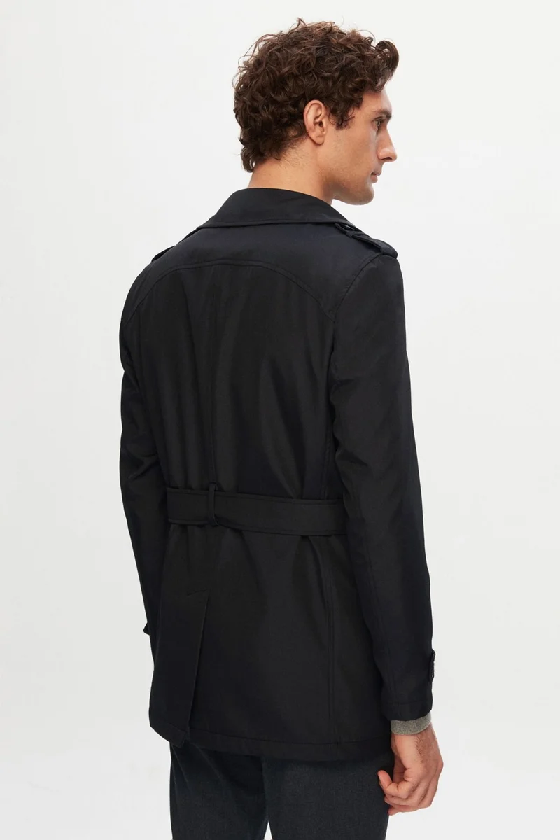 دي أس دامات Ds Damat Regular Fit Black Epaulette Waist Belted Overcoat/Trenckot 1HF08ORT00013