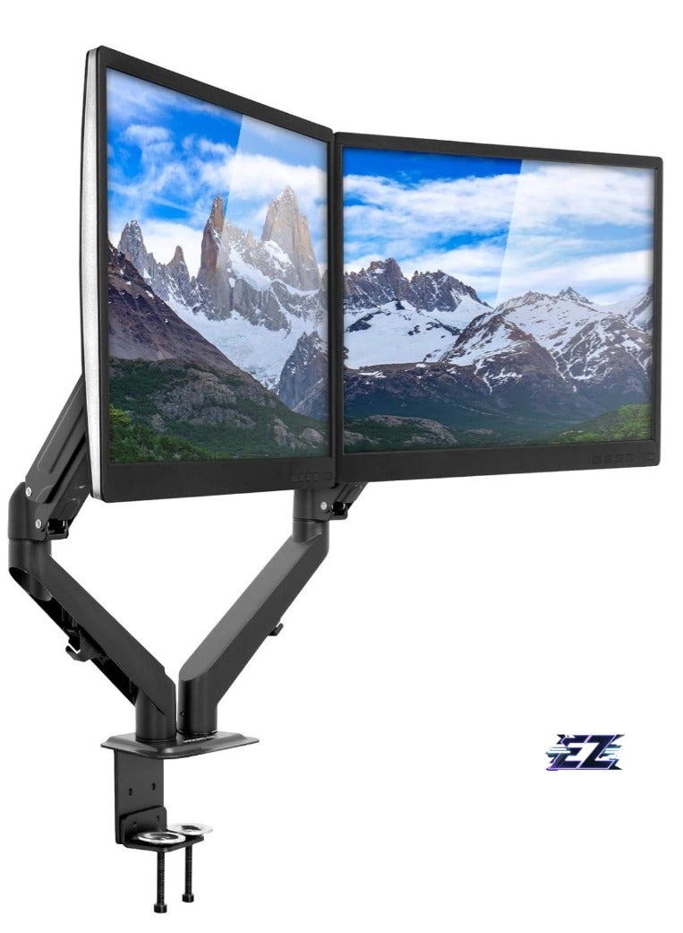 ELTRAZONE Dual Monitor Desk Mount Stand | Gas Spring Arms Fit 19 21.5 24 27 Inch Computer Screens | VESA 75 100 Compatible | C-clamp Base | Full Motion Height Adjustable Tilt Swivel | Black - Image 1