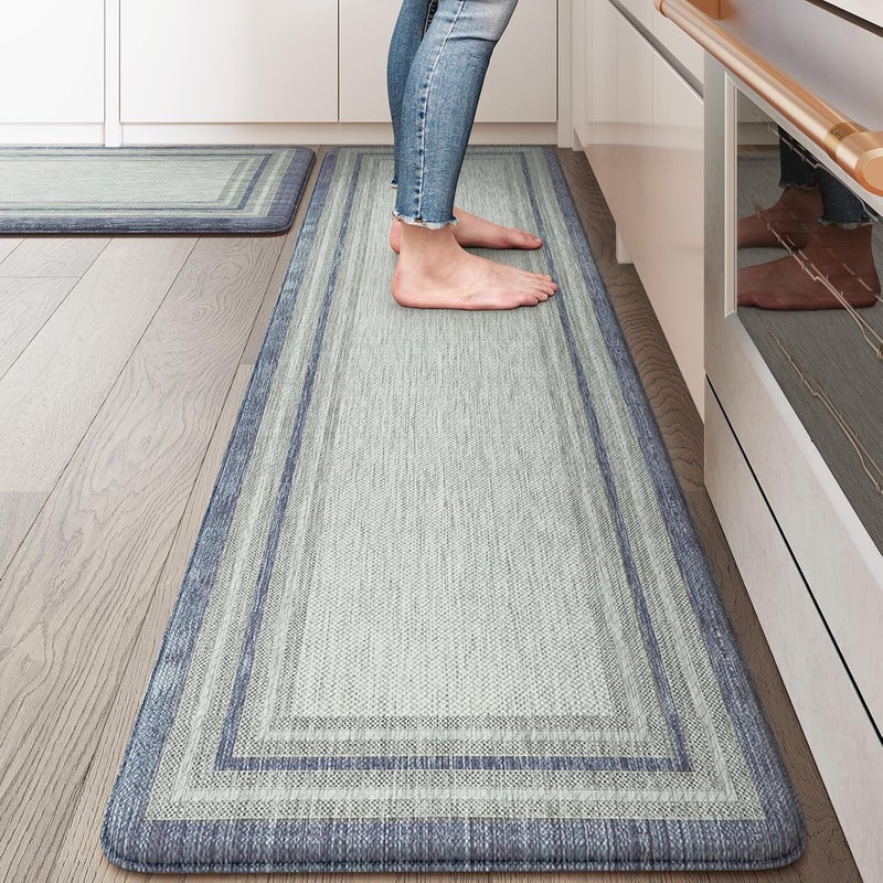 KIMODE Anti Fatigue Kitchen Mat 2PCS,Non-Skid Waterproof Kitchen Rugs,Farmhouse Kitchen Mat for Floor,Cushioned Comfort Foam Standing Mat for Floor,Office,Sink,Desk,Laundry,Blue and Gray - Image 1