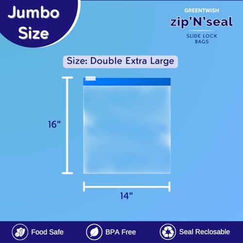 GREENTWISH Zip 'N' Seal (Pack of 30) Slider Zip Lock Bags, Food Vegetable Fruit Fridge Storage Bag, Microwave Safe, BPA Free Polyethylene Transparent Zipper Bag | Size: 14 x 16 Inch (Double XL) - Image 2
