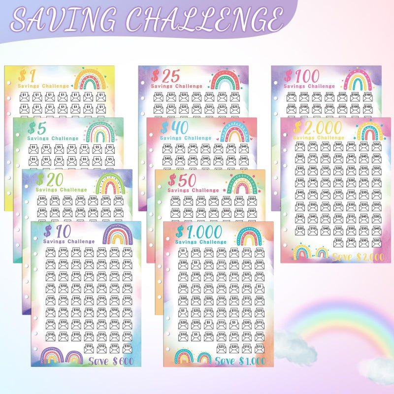 Jetec 20 Sheets Money Saving Challenge Binder Trackers with 6 Perforated Holes for 6 Ring A5 Binders 100 Envelopes Tracker Cards Money Savings Challenge Budget Planner to Save Cash(Gradients Style) - Image 4