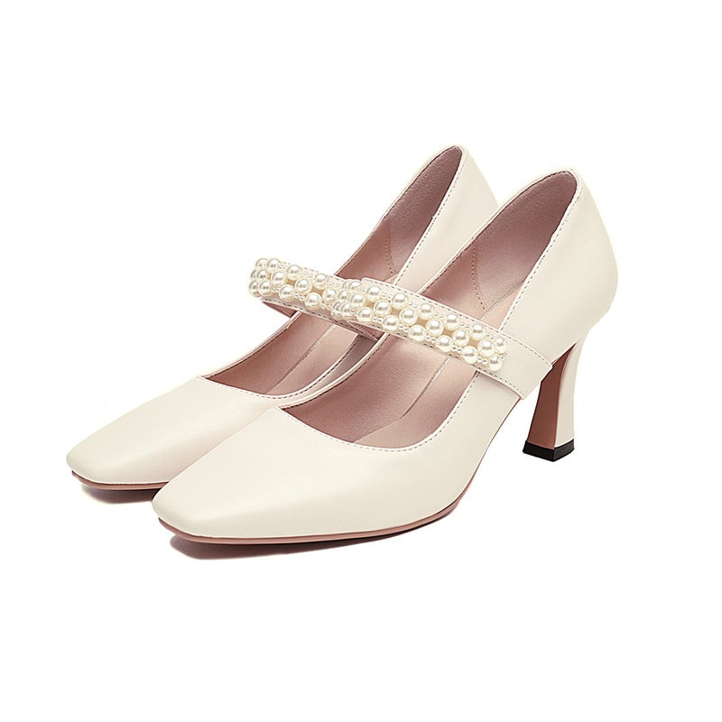 Early Spring 2021New British Style Square Toe Women'S Shoes 40-48 Plus Size Pearl Shallow Mouth Fashion Shoes - Image 1