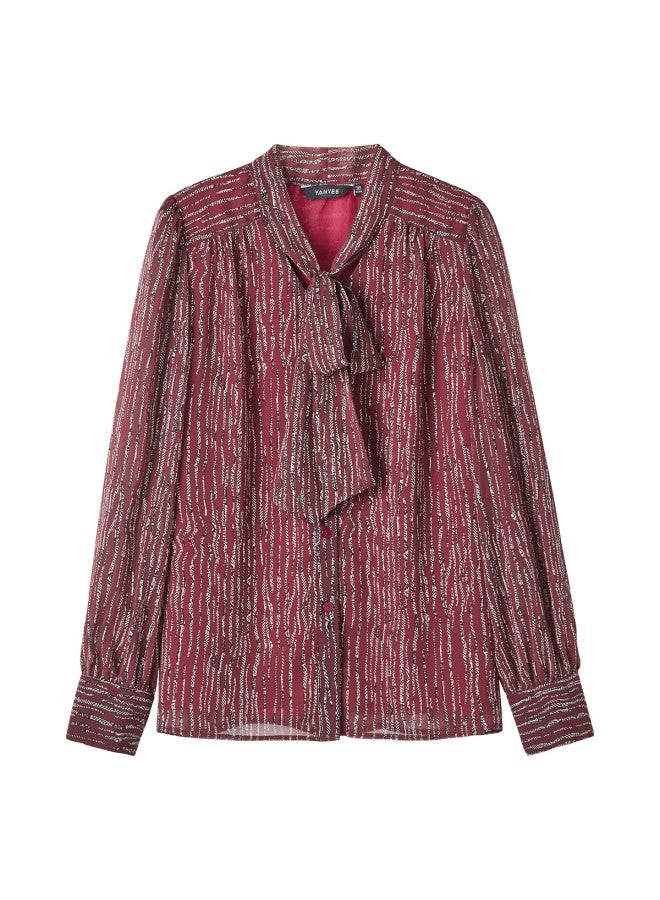 Yanyee Simple Tie-up Long-sleeve Shirt For Women, 2025 Early Spring Vintage Elegant Commuter Blouse, Red Floral Pattern, Size L - Image 3