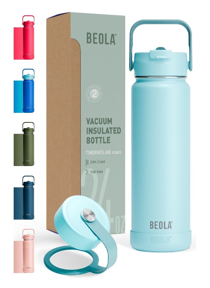 BEOLA 750ml Water Bottle 18/8 Stainless Steel 304 Double Wall Insulated Thermos Bottle with Straw Lid and wide mouth, 2 lids included, Hot Cold Liquids Sports Bottle, 24oz (Sage Mist)  - Image 1