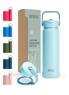 BEOLA 750ml Water Bottle 18/8 Stainless Steel 304 Double Wall Insulated Thermos Bottle with Straw Lid and wide mouth, 2 lids included, Hot Cold Liquids Sports Bottle, 24oz (Sage Mist)  - Image 1