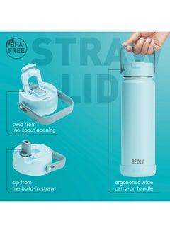 BEOLA 750ml Water Bottle 18/8 Stainless Steel 304 Double Wall Insulated Thermos Bottle with Straw Lid and wide mouth, 2 lids included, Hot Cold Liquids Sports Bottle, 24oz (Sage Mist)  - Image 3