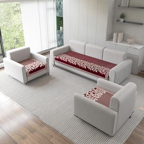 Nendle Refined Velvet Floral Sofa Mat 5 Seater Set Cover Elegant and Durable Protector for Living Room Sofa Set 3+1+1, Suitable for Wooden, Leather, Other Fabric Sofa Set (Color Maroon, Pack of 3) - Image 1
