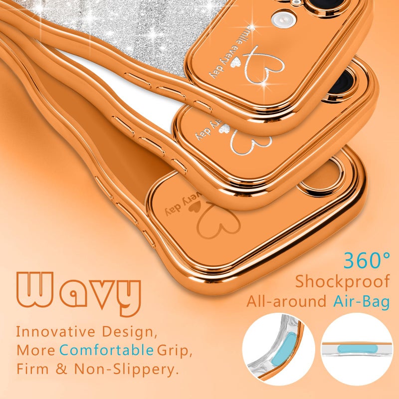Teageo for iPhone 17 Case for Women Girls Cute Curly Wavy Frame Love Heart Glitter Bling Camera Protection Sparkly Luxury Elegant Shockproof Cover Clear Wave Phone Case for iPhone 17, Orange - Image 4