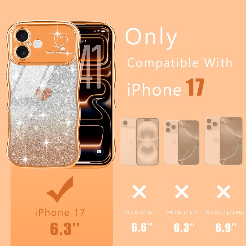 Teageo for iPhone 17 Case for Women Girls Cute Curly Wavy Frame Love Heart Glitter Bling Camera Protection Sparkly Luxury Elegant Shockproof Cover Clear Wave Phone Case for iPhone 17, Orange - Image 2