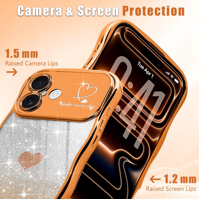 Teageo for iPhone 17 Case for Women Girls Cute Curly Wavy Frame Love Heart Glitter Bling Camera Protection Sparkly Luxury Elegant Shockproof Cover Clear Wave Phone Case for iPhone 17, Orange - Image 3