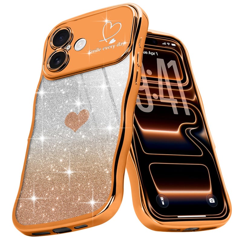 Teageo for iPhone 17 Case for Women Girls Cute Curly Wavy Frame Love Heart Glitter Bling Camera Protection Sparkly Luxury Elegant Shockproof Cover Clear Wave Phone Case for iPhone 17, Orange - Image 1