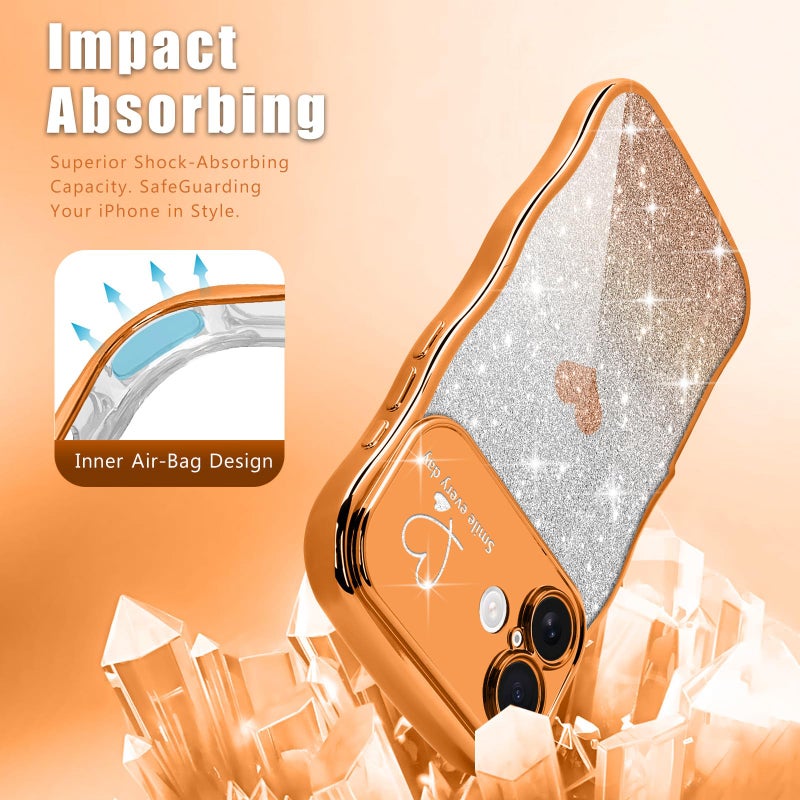 Teageo for iPhone 17 Case for Women Girls Cute Curly Wavy Frame Love Heart Glitter Bling Camera Protection Sparkly Luxury Elegant Shockproof Cover Clear Wave Phone Case for iPhone 17, Orange - Image 5