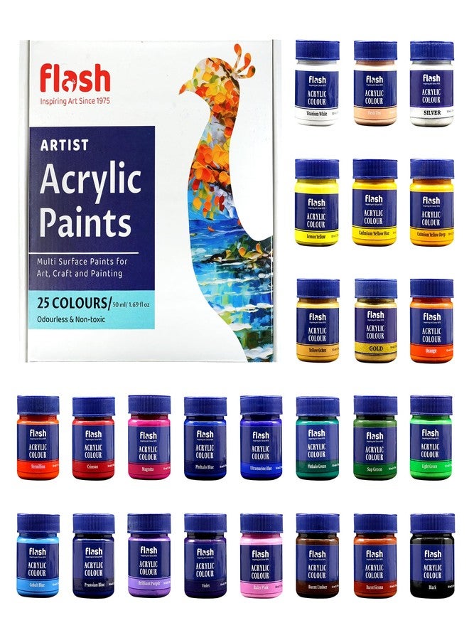 Flash New Improved Acrylic Colour Set For Adults Kids Professionals-High Pigment Strength Eco Friendly Non Fading Non Toxic Multi Surface Acrylic Paint (50 ml each, 25 Colours) - Image 1
