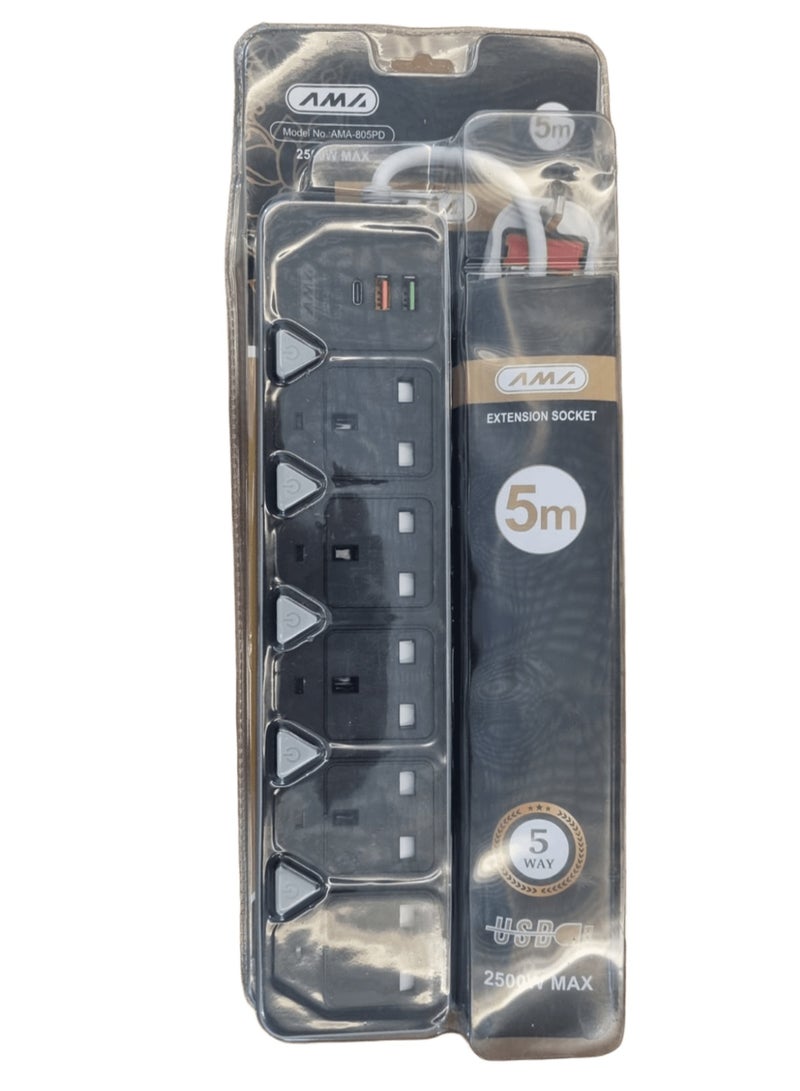 Ama 2500W Power Strip with 5 Outlets, 2 USB Ports, and a Type-C Port for Fast Charging, 5-Meter Heavy Duty Cord, Child Safety, and On/Off Switch - Multi-Outlet for Home and Office Use - Image 1
