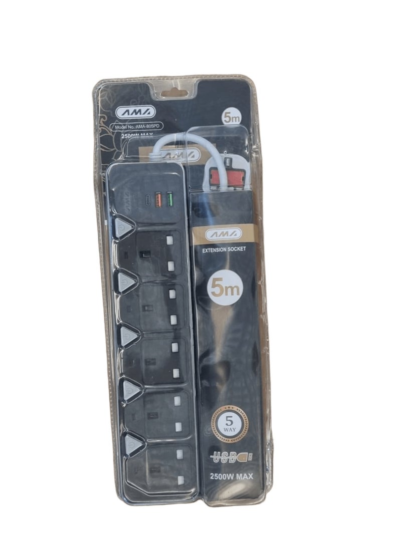 Ama 2500W Power Strip with 5 Outlets, 2 USB Ports, and a Type-C Port for Fast Charging, 5-Meter Heavy Duty Cord, Child Safety, and On/Off Switch - Multi-Outlet for Home and Office Use - Image 2