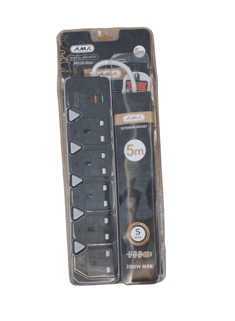 Ama 2500W Power Strip with 5 Outlets, 2 USB Ports, and a Type-C Port for Fast Charging, 5-Meter Heavy Duty Cord, Child Safety, and On/Off Switch - Multi-Outlet for Home and Office Use - Image 3