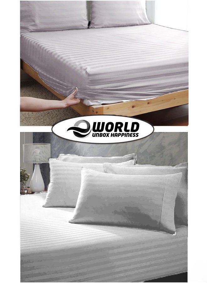 Eworld - 3 Piece Luxury White Striped Bed Sheet Set with 1 Deep Pocket Fitted Sheet and 2 Pillowcases for Hotel and Home Crafted from Ultra Soft and Breathable Cotton for Year-Round Comfort, (Single/Double) - Image 1