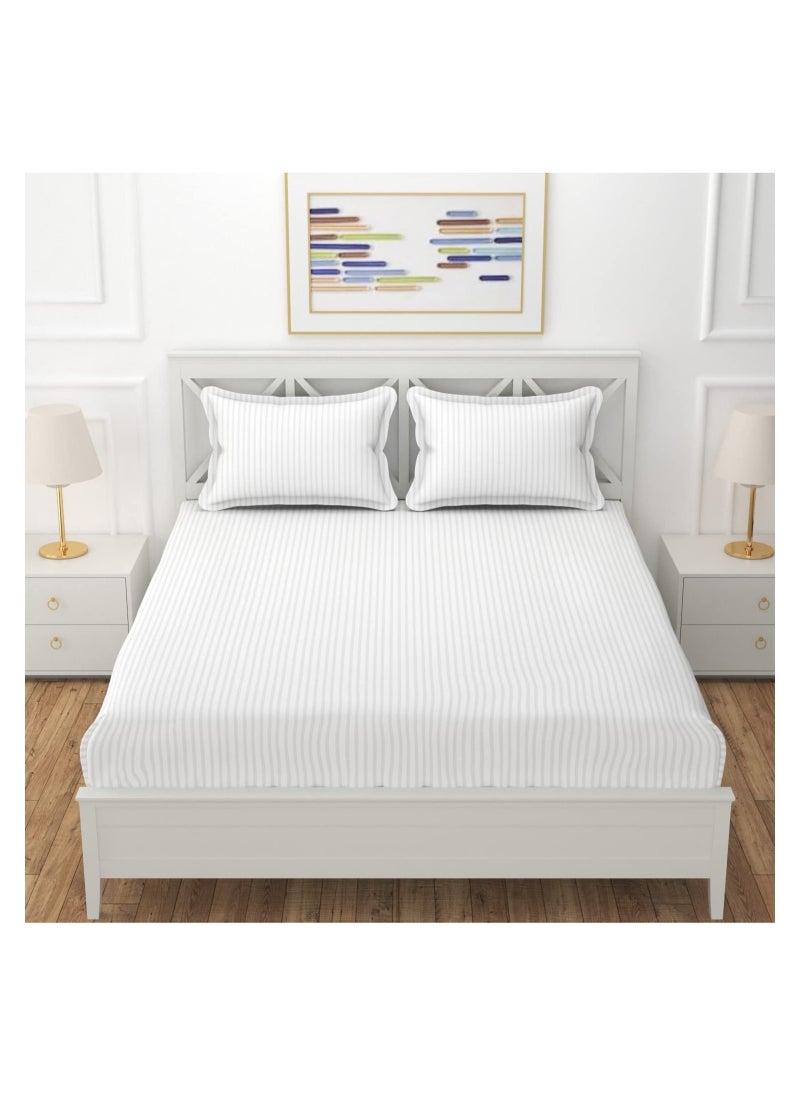 Eworld - 3 Piece Luxury White Striped Bed Sheet Set with 1 Deep Pocket Fitted Sheet and 2 Pillowcases for Hotel and Home Crafted from Ultra Soft and Breathable Cotton for Year-Round Comfort, (Single/Double) - Image 1