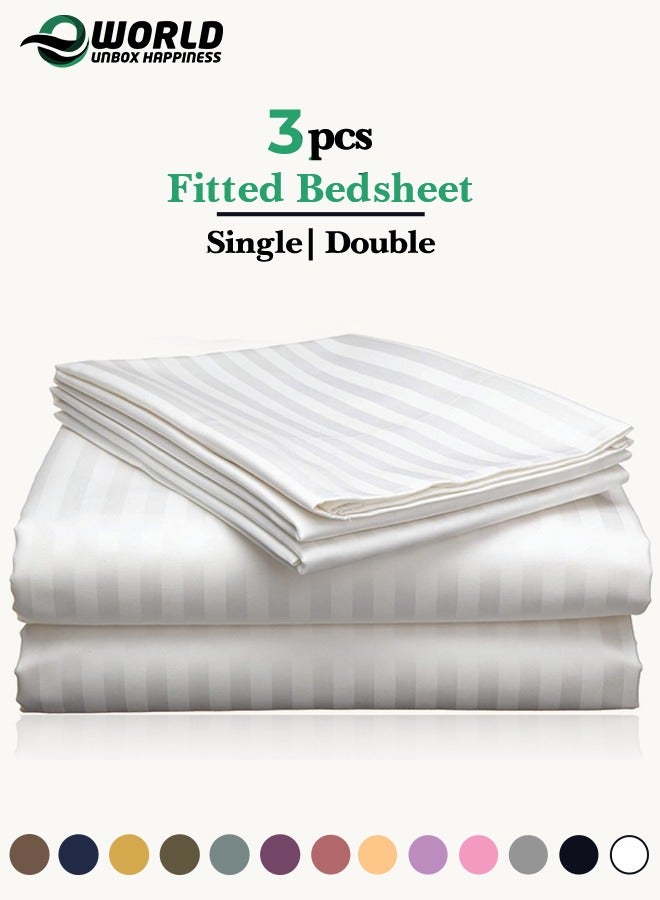 إي وورلد طقم ملايات فاخر مكون من 3 قطع باللون الأبيض المخطط، يحتوي على ملاءة سرير بجيب عميق وغطاءين للوسائد، مثالي للفنادق والمنازل، مصنوع من ألياف المايكروفايبر فائقة النعومة والقابلة للتنفس لراحة مثالية طوال العام (مفرد/مزدوج) - Image 1