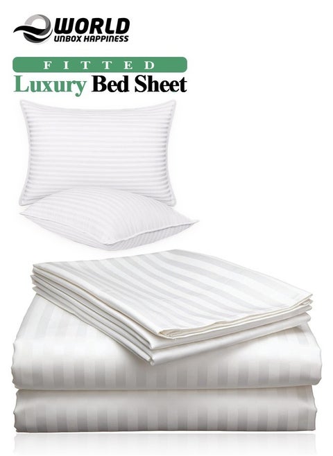 3 Piece Luxury White Striped Bed Sheet Set with 1 Deep Pocket Fitted Sheet and 2 Pillowcases for Hotel and Home Crafted from Ultra Soft and Breathable Cotton for Year-Round Comfort, (Single/Double)
