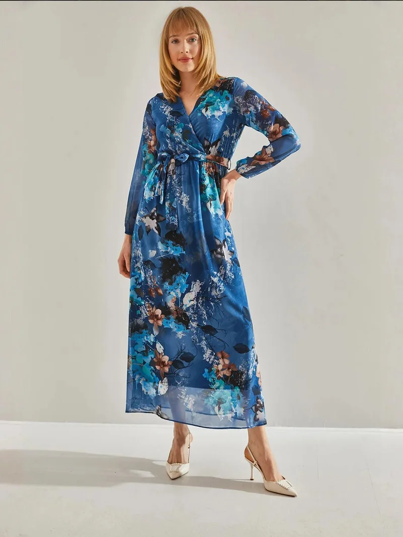 Bianco Lucci LUCCI Floral V-Neck Maxi Dress with Bow Tie