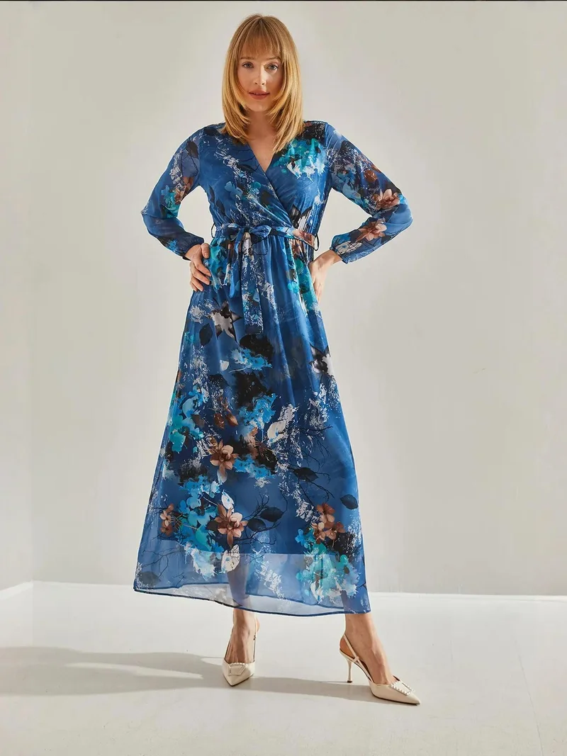Bianco Lucci LUCCI Floral V-Neck Maxi Dress with Bow Tie