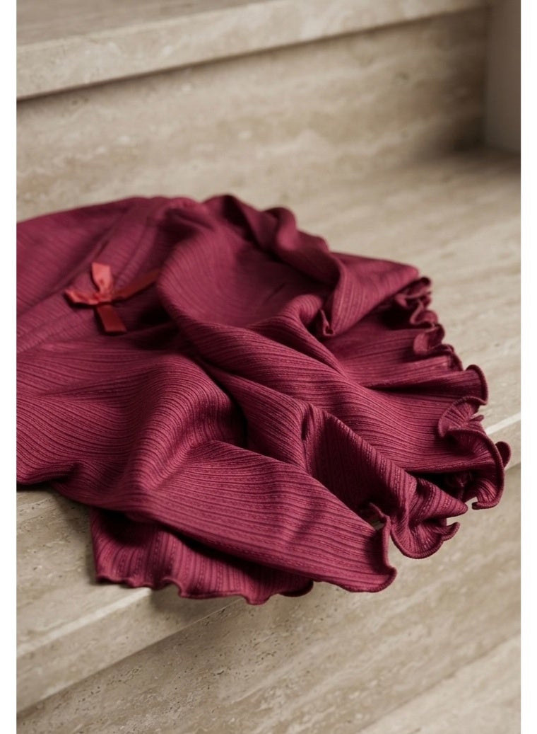 Women's 2-Piece Ribbed Camisole & Shorts Pajama Set – Ruffle Strap Lounge Set Maroon - Image 1