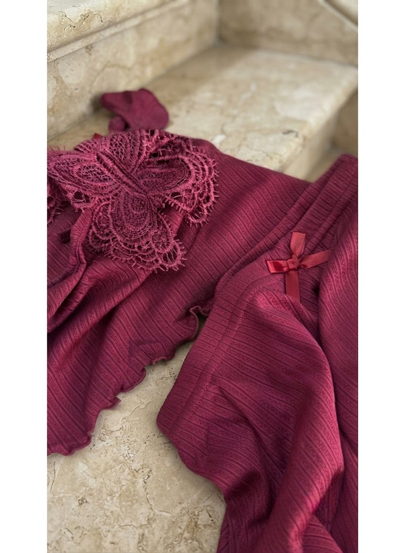 Women's 2-Piece Ribbed Camisole & Shorts Pajama Set – Ruffle Strap Lounge Set Maroon - Image 4
