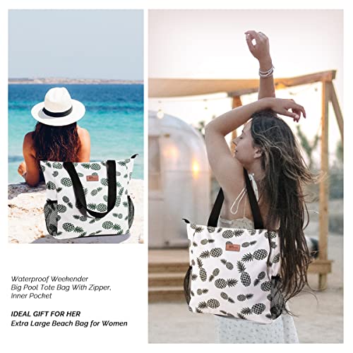 Buringer Large Waterproof Beach Bag for Women Sandproof Tote Bag with Zipper and Pockets Pool Bag for Travel Gym Vacation (Pineapple) - Image 5