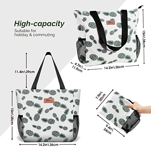 Buringer Large Waterproof Beach Bag for Women Sandproof Tote Bag with Zipper and Pockets Pool Bag for Travel Gym Vacation (Pineapple) - Image 4