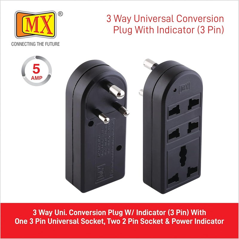 MX 3 Way Multiplug Adaptor 3 pin Universal Multi Plug Wall Point Socket Cordless Extension Board Travel Adapter Led Indicator Surge Protection (3 PIN -1 Socket + 2 PIN -2 Socket) - Image 2