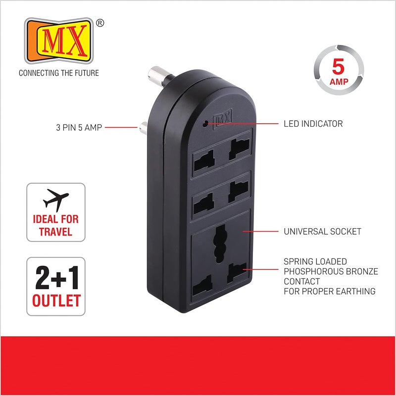 MX 3 Way Multiplug Adaptor 3 pin Universal Multi Plug Wall Point Socket Cordless Extension Board Travel Adapter Led Indicator Surge Protection (3 PIN -1 Socket + 2 PIN -2 Socket) - Image 3
