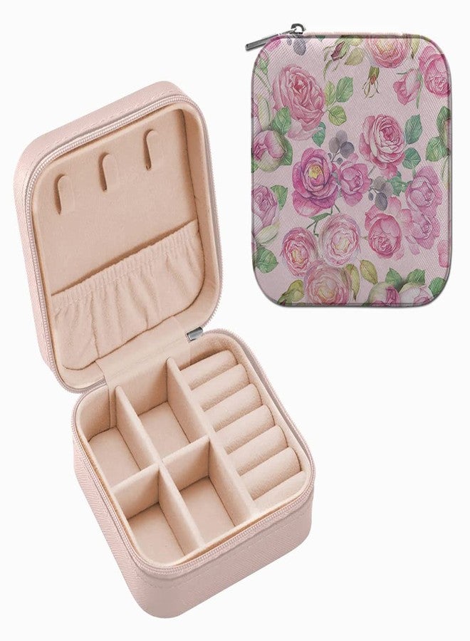 WIRESTER Fashion Leather Travel Jewelry Case Box, Small Portable Jewelry Organizer Storage for Ring Earrings Necklace Women Girls - Vintage Roses Flowers - Image 1