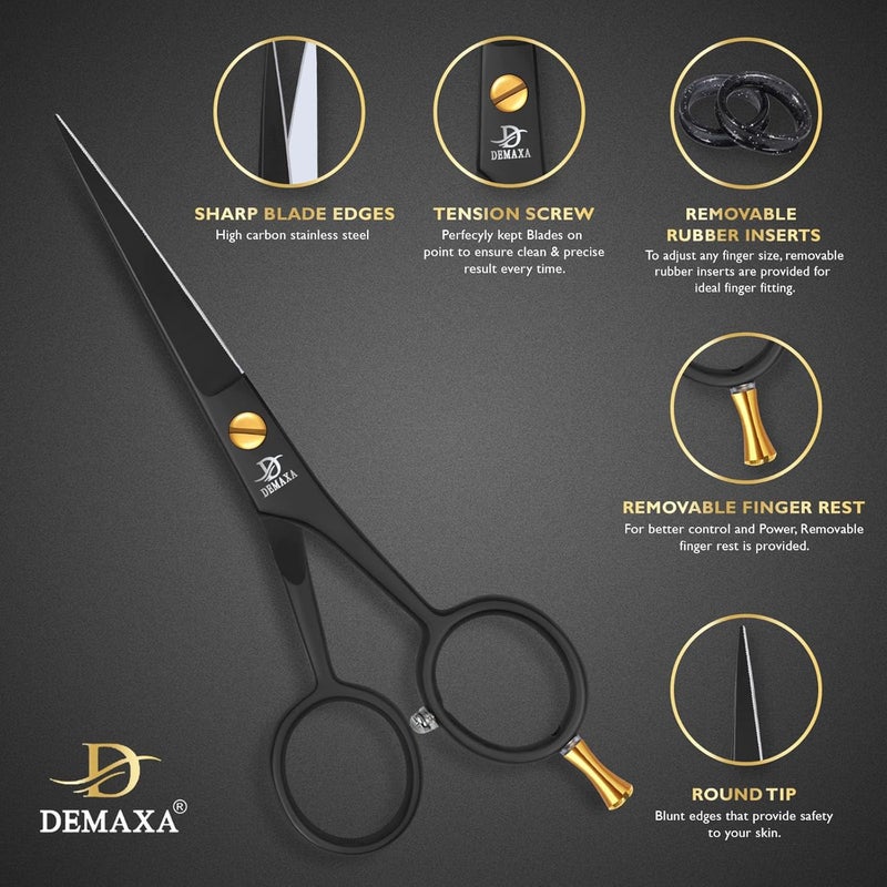 DEMAXA 5" Professional Beard Mustache Scissors with 1 Mustache Comb, 1 Beard Comb & Soft Pouch - Prefect Beard Trimming Scissors for All Facial Hair Scissors - Grooming Scissors Men (Black) - Image 2
