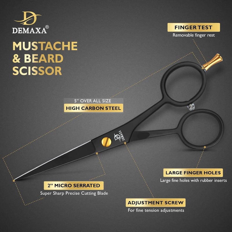 DEMAXA 5" Professional Beard Mustache Scissors with 1 Mustache Comb, 1 Beard Comb & Soft Pouch - Prefect Beard Trimming Scissors for All Facial Hair Scissors - Grooming Scissors Men (Black) - Image 3