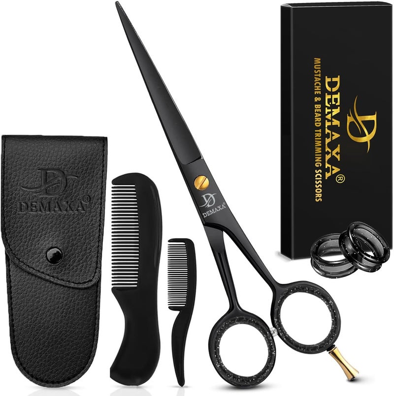 DEMAXA 5" Professional Beard Mustache Scissors with 1 Mustache Comb, 1 Beard Comb & Soft Pouch - Prefect Beard Trimming Scissors for All Facial Hair Scissors - Grooming Scissors Men (Black) - Image 1
