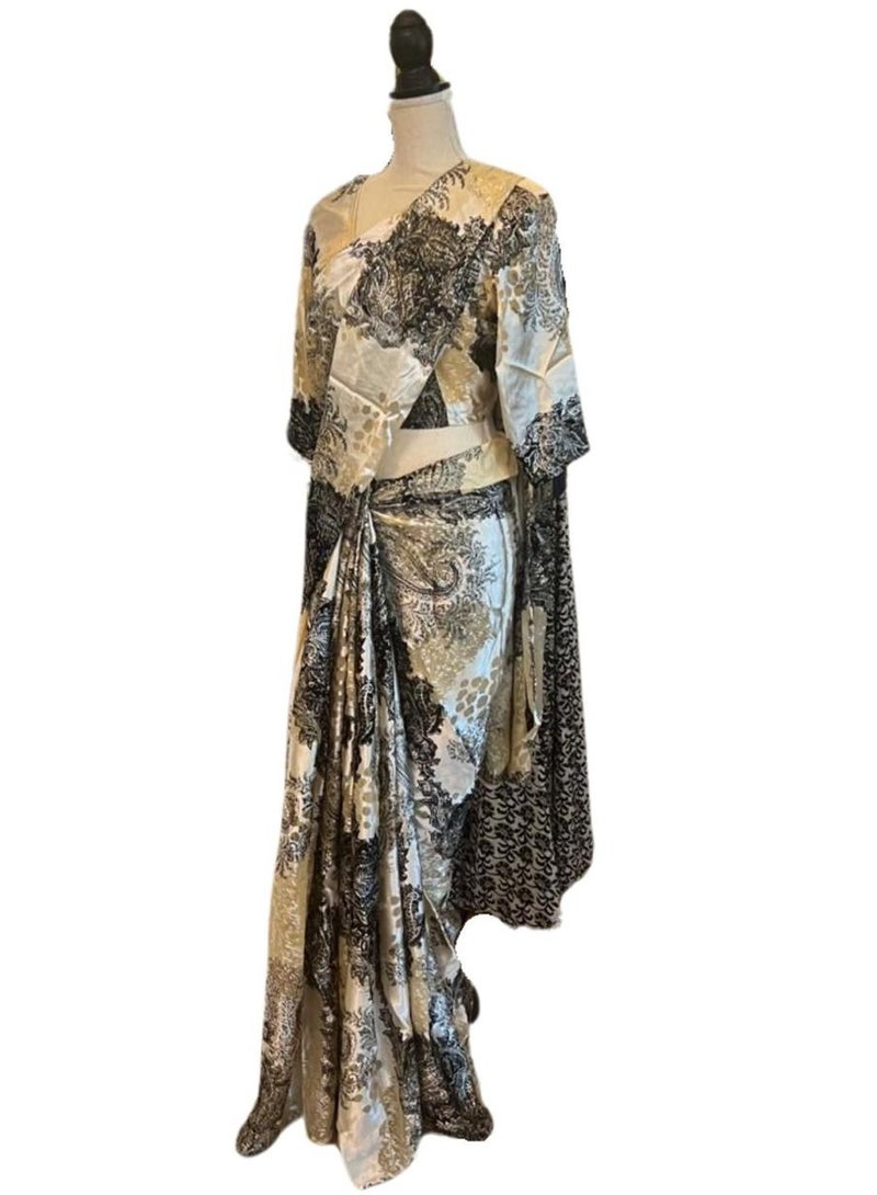 Elegant Beige And Black Floral Satin Designer Saree  - Image 1