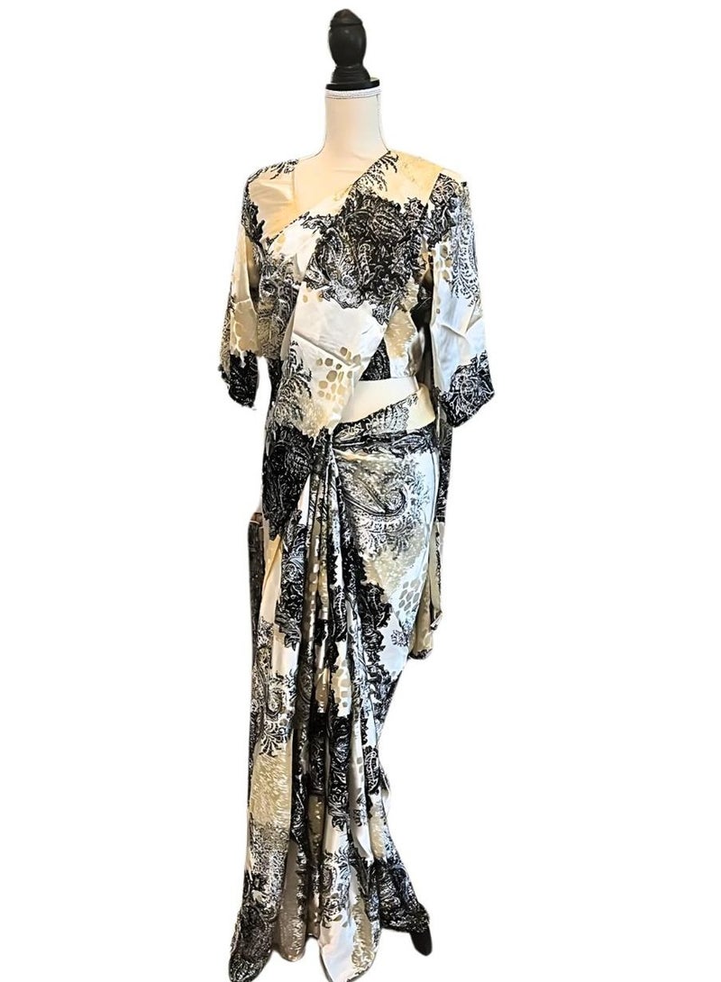 Elegant Beige And Black Floral Satin Designer Saree  - Image 2